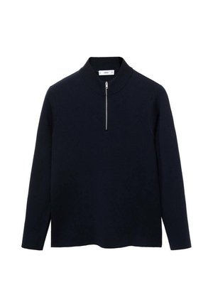 Pullover navy con maniche lunghe, colletto alto e mezza zip frontale. Realizzato in tessuto liscio con una vestibilità rilassata e spacchi laterali all'orlo.