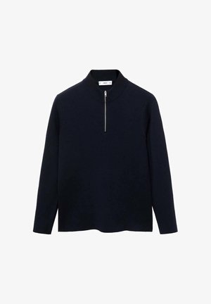 Mornarski pulover z dolgimi rokavi, visokim ovratnikom in sprednjim polovičnim zadrgo. Narejen iz gladkega materiala z sproščenim krojem in stranskimi razporki na robu.