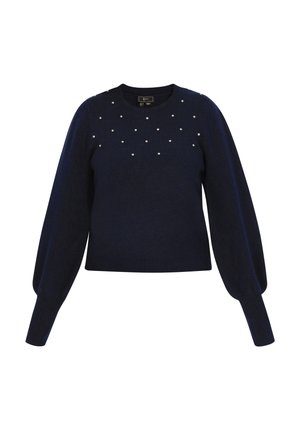 Mørkeblå sweater, strikket materiale, rund hals, lange pufærmer, udsmykket med små perlelignende detaljer over brystområdet.