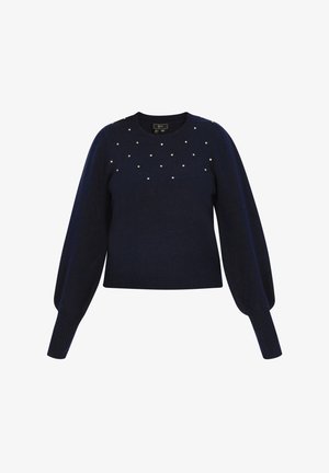 Tumesinine sviiter, kudumisest valmistatud, ümar kaelus, pikad puffvarrukad, kaunistatud väikeste pärlitaoliste detailidega rinnaees.