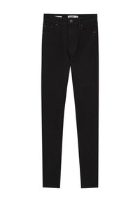 Jean skinny noir en denim. Comprend un design à cinq poches, une fermeture par bouton en métal et une texture propre et lisse.