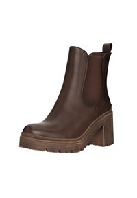 Bruna läderankelboots med elastiska sidopaneler, texturerad brun plattform och staplad klack, med en slät finish och robust mönstring.