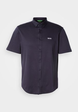 Short-sleeve, dark navy polo shirt made of smooth cotton blend, featuring a button-down collar and embroidered "BOSS" logo on the chest.
