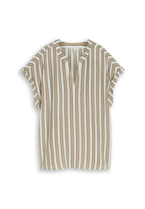 Blouse à manches courtes à rayures verticales beige et blanches, avec col en V et coupe décontractée, présentée sur fond blanc.