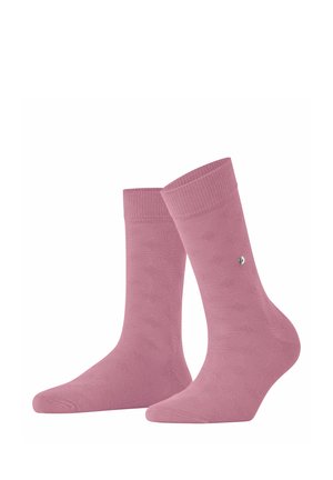 Paar rosa knielanger Socken mit dezentem Strukturmuster und geripptem Bündchen, stehend auf weißem Hintergrund dargestellt.
