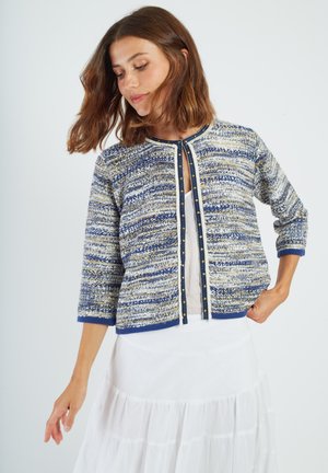 Kobieta ubrana w niebieski kardigan w wzory ze złotymi guzikami na białej sukience, pozująca z jedną ręką na biodrze na białym tle.