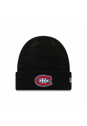 Black knit beanie with a folded brim and a red, white, and blue sports team logo centered on the front.