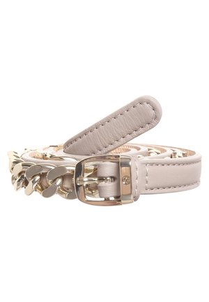 Beige leather belt with gold-tone chain detail, rolled up with a gold buckle and stitched edges, on a white background.