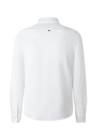 Witte lange mouwen shirt met een button-down kraag, gladde textuur en eenvoudig ontwerp. Heeft knoopmanchetten en een klein logo op de achterkant.