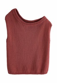 Top sans manches tricoté de couleur rouille avec un col rond et des bords côtelés. Texture unie, sans motifs ni accents supplémentaires.