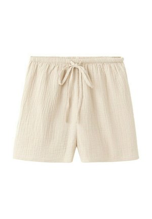 Béžové bavlnené šortky s elastickým pásom a predným zaväzovaním, vyrobené z textúrovaného ľahkého materiálu a vo voľnom strihu.
