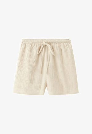 Pantaloncini beige in cotone con fascia elastica in vita e laccetto frontale, caratterizzati da un tessuto leggero e strutturato e da una vestibilità comoda.