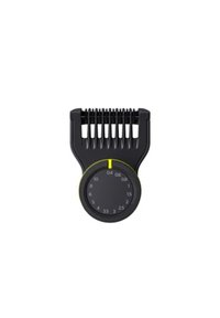 Zwarte haarknippergids met een afgeronde vorm, een verstelbare lengtedial, en een geribbelde kambevestiging. Opvallende gele accent op de dial.