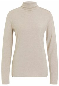 Beige-neulepusero, joka on valmistettu pehmeästä jersey-kankaasta. Siinä on pitkät hihat ja slim fit -design, jossa on sivureikään leikkaukset helman kohdalla.