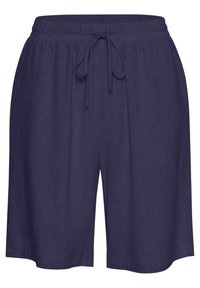 Mørkeblå linnedshorts med elastisk talje og snøre. Løs pasform, knælange, struktureret stof med en subtil vævning.