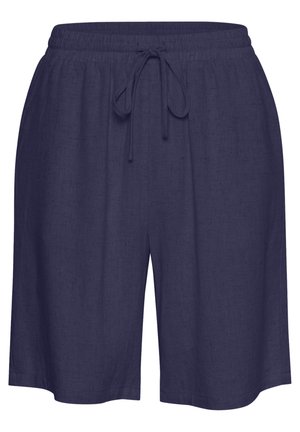 Navy blue linen shorts with an elastic waistband and drawstring. Loose fit, knee-length, textured fabric with a subtle weave.