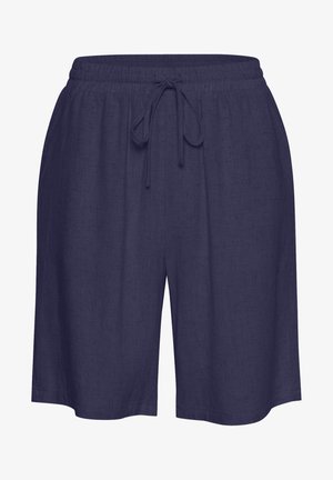 Marineblaue Leinen-Shorts mit elastischem Bund und Kordelzug. Lockere Passform, knielang, mit strukturiertem Stoff und feiner Webart.