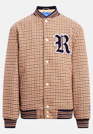 Houndstooth-patterned varsity jacket in brown, cream, and navy; features a button front, ribbed cuffs, and an embroidered 'R' logo.