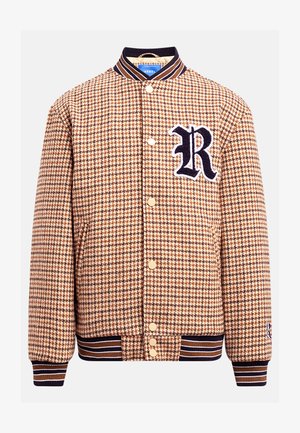 Houndstooth-patterned varsity jacket in brown, cream, and navy; features a button front, ribbed cuffs, and an embroidered 'R' logo.