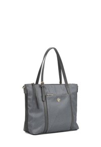 Borsa a tracolla grigia realizzata in materiale testurizzato, con doppie cinghie sulle spalle, una tasca frontale con zip e un dettaglio in oro.