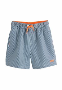 Costumi da bagno a righe blu e bianche con vita elastica, cordino arancione e piccolo dettaglio del logo arancione in basso a sinistra.