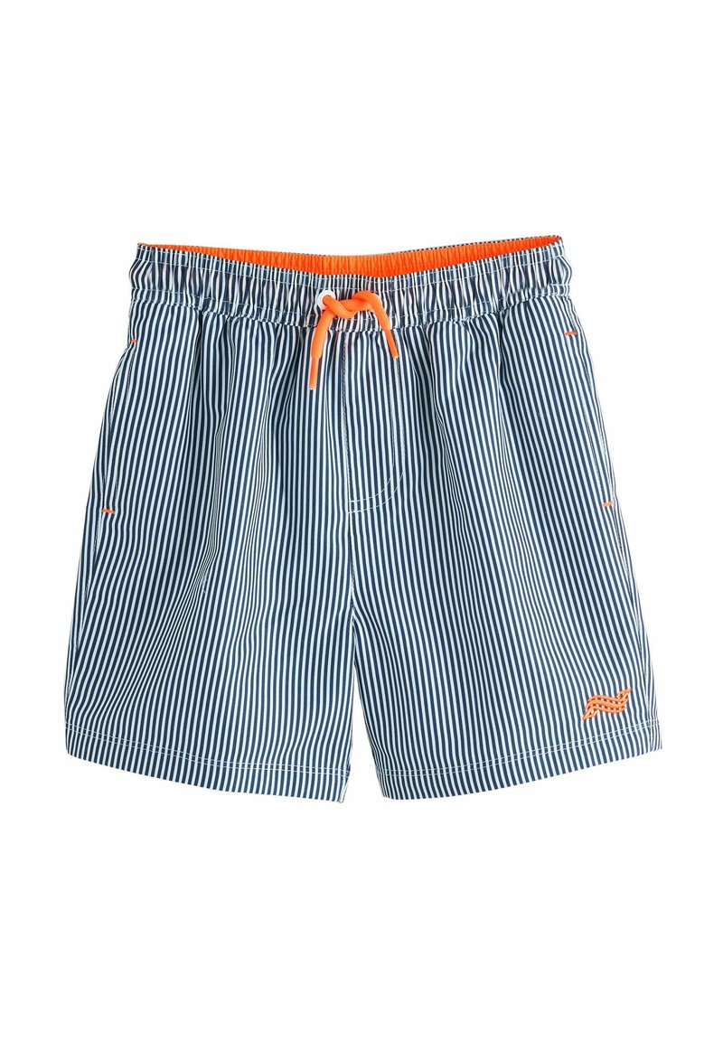 Costumi da bagno a righe blu e bianche con vita elastica, cordino arancione e piccolo dettaglio del logo arancione in basso a sinistra.