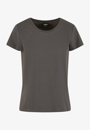 T-shirt grigio in cotone a maniche corte con scollo rotondo e una texture morbida. Presenta un design semplice e bordi puliti.