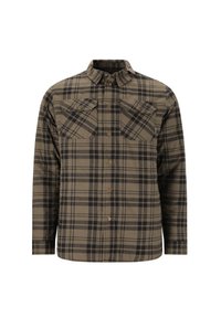 Bruine geruite shirt gemaakt van zachte stof, met een button-down kraag, twee borstzakken en zwarte accenten in het ruitpatroon.