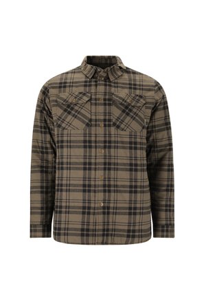 Brun rutig skjorta i mjukt tyg, med en knappad krage, två bröstfickor och svarta inslag i rutmönstret.