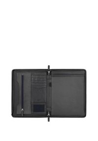 Black leather portfolio with zip closure, interior card slots, a zip pocket, and a flat compartment. Smooth texture, minimalist design.
