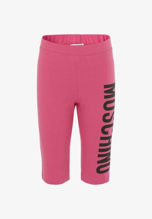 Różowe legginsy z mieszanki bawełny z czarnym logo "Moschino" nadrukowanym pionowo po lewej stronie, z szerokim elastycznym pasem.