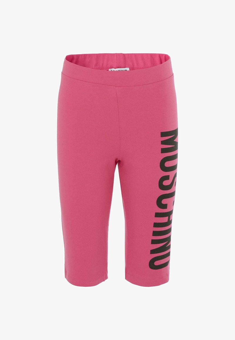 Leggings in misto cotone rosa con il logo "Moschino" stampato in verticale sul lato sinistro e una ampia fascia elastica in vita.