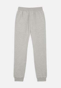 Pelēki sporta bikses, kas izgatavotas no mīkstas kokvilnas, ar elastīgu jostu, sānu kabatām un ribotām aprocēm pie potītēm.