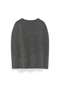 Mörkgrå ribbad stickad tröja liggande flat, med baksidan synlig, långa ärmar och rund halsringning.