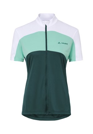 Korte mouwen fietsshirt met blokken in wit, muntgroen en donkergroen, voorrits en Vaude-logo op de borst.