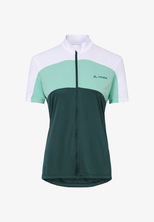 Korte mouwen fietsshirt met blokken in wit, muntgroen en donkergroen, voorrits en Vaude-logo op de borst.