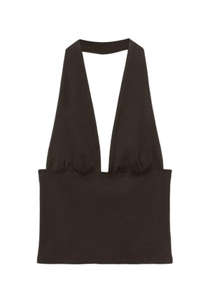 Haut court noir à col licou avec un décolleté plongeant en V et un détail froncé au niveau de la poitrine.