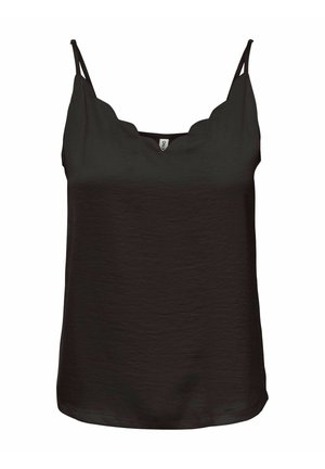 Sort ærmeløs top med bølget udskæring og tynde dobbelt skulderstropper.