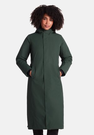 Long, hooded coat in dark green fabric. Features side pockets, a smooth texture, and a straight cut. Minimalistic design without visible fasteners.