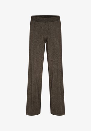 Metāliski tumši brūni platleņķa bikses ar tekstūrētu audumu un elastīgu jostu. Gluda apdare, bez redzamām aizdaram vai rotājumiem.