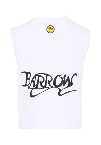 Chemise blanche sans manches avec un grand texte stylisé noir "BARROW" à l'arrière et un petit visage souriant jaune avec des crocs près du col.