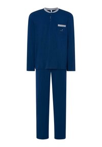 Conjunto de pijama de manga larga en azul marino, fabricado con una tela suave. Incluye un cuello redondo con ribete gris y un bolsillo en el pecho. Pantalones de corte relajado.