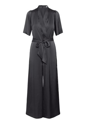 Black satin jumpsuit with short puff sleeves, a wrap design, a tied belt at the waist, and wide-legged silhouette. Smooth texture.