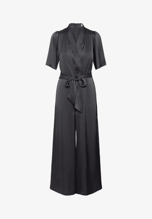 Mustast satiinist prepantš koos lühikeste puffvarrukatega, mähkmise disainiga, vöötatud talje ja laiade jalgade siluetiga. Sile tekstuur.