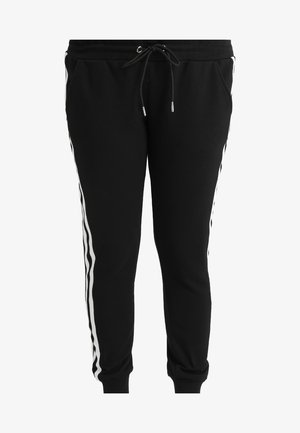 Czarne spodnie dresowe z białymi bocznymi paskami, wykonane z miękkiego materiału, z elastycznym pasem i sznurkiem do regulacji dopasowania.