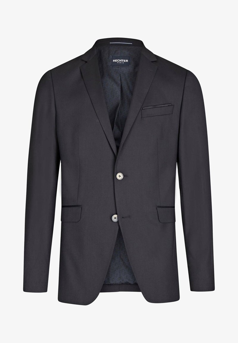 Dunkelgrauer Blazer aus glattem Stoff mit zwei Knöpfen, einer einzelnen Brusttasche und einem dezenten gemusterten Futter.