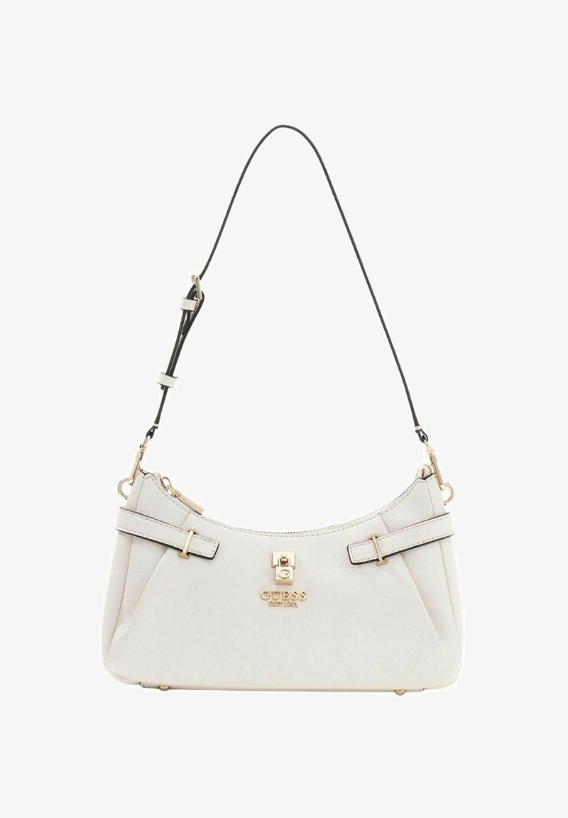 Sac à main en cuir gris clair au design discret, doté d'un logo doré, de deux anses et d'une fermeture éclair, agrémenté de petits accessoires dorés.