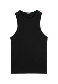 Black ribbed tank top with a round neckline and wide armholes. Made of soft, stretchy fabric. Simple, form-fitting design.