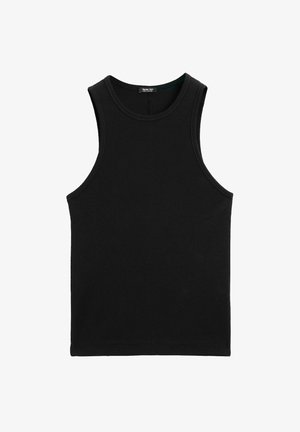 Zwart geribbelde tanktop met een ronde halslijn en brede armsgaten. Gemaakt van zachte, rekbare stof. Eenvoudig, aansluitend ontwerp.