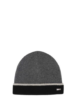 Gray knit beanie with ribbed texture, featuring a black folded cuff and a small metal brand tag on the cuff's right side.